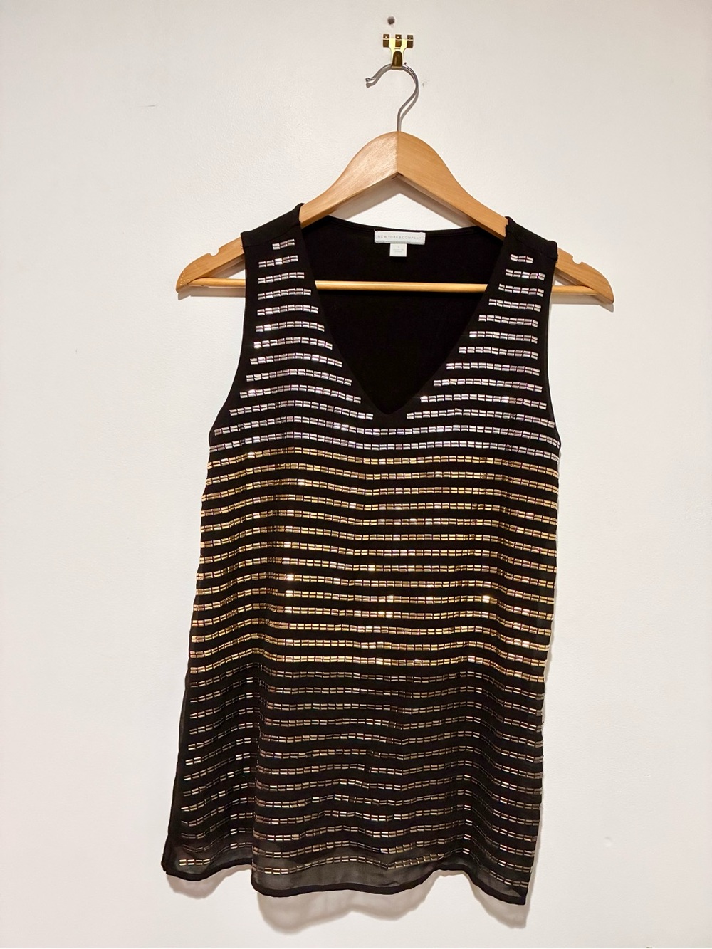 New York & Company | Black Tank Top with Gold Metallic Stripes